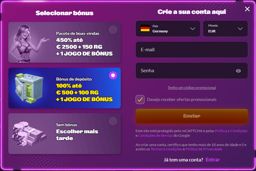 Registo rápido e fácil na Slot Rave